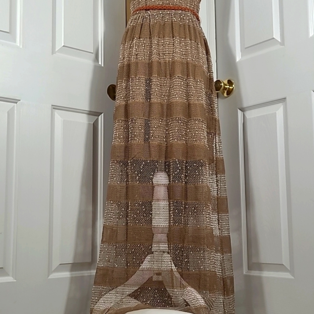 A'reve Striped Sleeveless Maxi Sundress Dress Brown Cream Crocheted Front - Picture 9 of 16